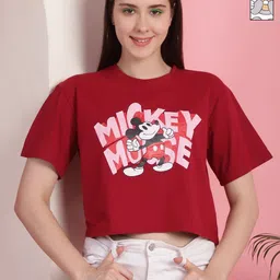 Dreambe Women Pack of 2 Mickey Mouse Typography Printed Round Neck Cotton Boxy T-shirts-image-75