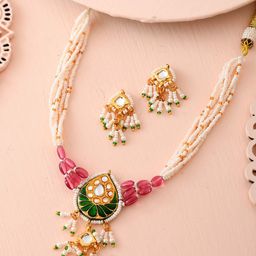 DASTOOR Gold-Plated Stone-Studded & Beaded Necklace & Earrings-96