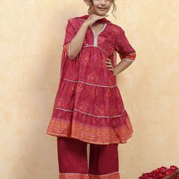 Biba Girls Bandhani Printed Cotton A-Line Kurta with Palazzos & Dupatta-picture-30