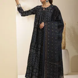 Sangria Floral Printed Pure Cotton Key Hole-Neck Anarkali Kurta With Trouser & Dupatta-image-85