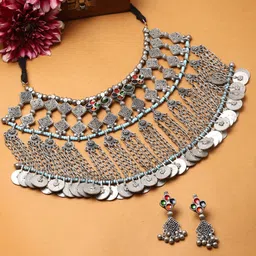 Moedbuille Silver-Plated Oxidised Beaded Tasselled Jewellery Set-image-38