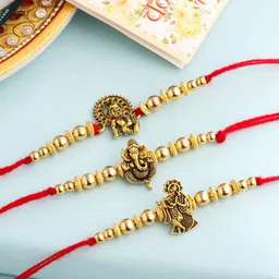 NVR Set Of 3 Gold-Toned Designer Ganesh Ji Thread Rakhi with Roli Chawal Chandan & Mishri-7
