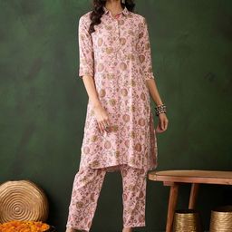 Sangria Floral Printed Shirt Collar Straight Kurta With Trousers-picture-29