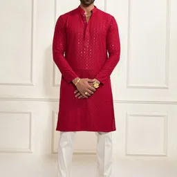 VASTRAMAY Floral Embroidered Sequinned Work Mandarin Collar Straight Kurta With Trousers-picture-33