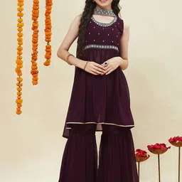 CurlyTales Girls Ethnic Motifs Embroidered Anarkali Kurta with Sharara & Dupatta-image-73