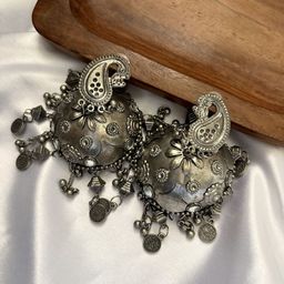 Retrend Jewels Silver-Plated Stoned and Beaded Oxidised Jhumkas Dome Shaped Earrings-52