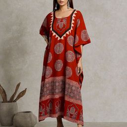 Taavi Women Ajrakh Block Printed Pure Cotton Kaftan Ethnic Dress-picture-8