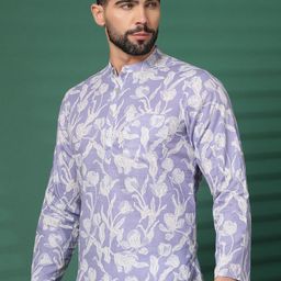 Sangria Lavender Floral Printed Mandarin Collar Cotton Short Kurta-image-70