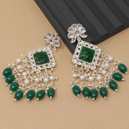 BELWICK Gold-Plated Kundan Studded And Pearls Beaded Diamond Drop Earrings-image-61