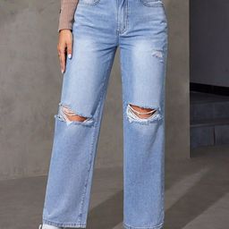POMPOUS Women Wide Leg High-Rise Slash Knee Light Fade Ripped Regular Jeans-picture-49