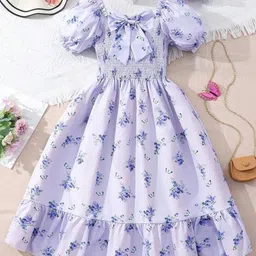 White World Girls Floral Printed Bow Detail Fit & Flare Maxi Dress-image-23