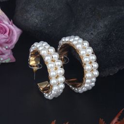 StyleCast Gold-Plated Circular Pearls Beaded Semi Circular Shaped Half Hoop Earrings-image-8