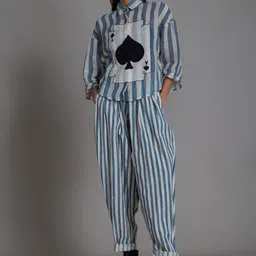 MATI Striped Shirt Collar Neck Linen Shirt With Trousers-image-12