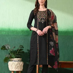 Mesqlu Women Floral Yoke Design Regular Thread Work Kurta with Trousers & With Dupatta-picture-55