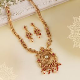 ORANGENYSHA Gold Plated Kundan Stone Studded & Beaded Jewellery Set-image-86