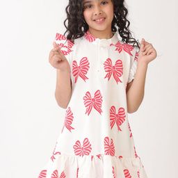 Anthrilo Girls Print Summer Bow Pink Frill - Off White A-Line Dress-42