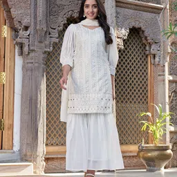 SANCIA Floral Embroidered Sweetheart Neck Sequinned Kurta With Sharara And Dupatta-18