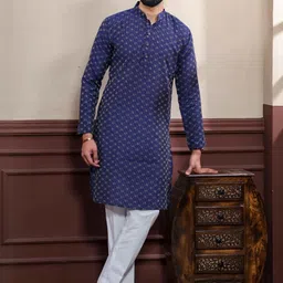 PulseIQ Men Navy Blue Cotton Blend Kurta Sets-image-94