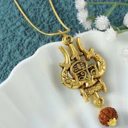 ADMIER Unisex Gold-Plated Trishul Damaroo Rudraksha Beaded Pendant with Chain-36