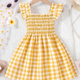 YK Girls Checked Flutter Sleeve Fit & Flare Dress-12