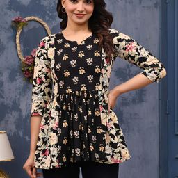 Pure Cotton Round Neck Floral Printed Anarkali Short Kurti for Women's Flared Hem-image-76