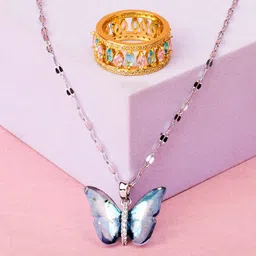 SALTY Stones Studded Beauty & Baguette Butterfly Pendant Chain & Ring Jewellery Set-97