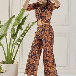 WineRed Pure Cotton Printed Shirt Collar Top & Trousers Co-Ords Set image 3