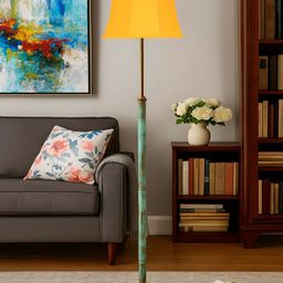 Devansh Yellow & Green Wooden & Cotton Frustum Shaped Floor Lamp-picture-4