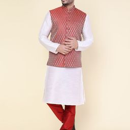 W & G Men Solid Kurta with Churidar & Nehru Jacket-picture-12