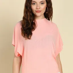 SAFFE Solid Ribbed Round Neck Loose Fit Casual Top-image-86