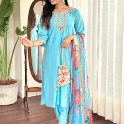 KALINI Women Ethnic Motifs Embroidered Regular Thread Work Pure Cotton Kurta with Trousers & With Dupatta-8