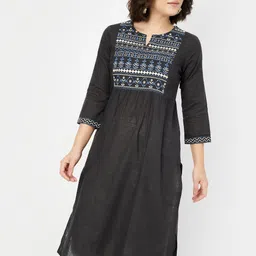 max Floral Yoke Design Notch Neck Thread Work A-Line Kurta-picture-21