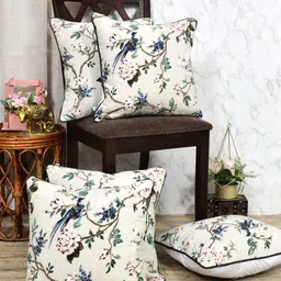 Clasiko Off White & Green 5 Pieces Floral Printed Cotton Square Cushion Covers-image-73
