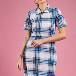 DressBerry Women Checked Shirt Collar Shift Dress-image-58
