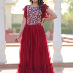 Tilton Embellished Embroidered Puff Sleeve Layered Georgette Maternity Fit & Flare Maxi Dress-image-19