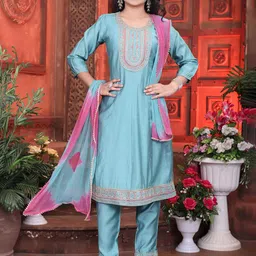 7Tiara Girls Embroidered Regular Thread Work Kurti with Pyjamas & With Dupatta-image-67