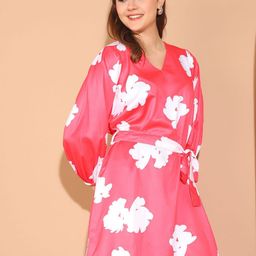 Indian Needle Floral Print Puff Sleeve Satin A-Line Dress-image-97
