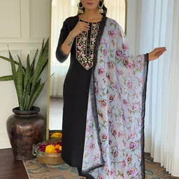 Happy Design Floral Embroidered Round Neck Straight Kurta With Trousers & Dupatta-picture-48