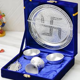 Webelkart Silver Plated Metal Swastik Pooja Thali with Velvet Box-image-89