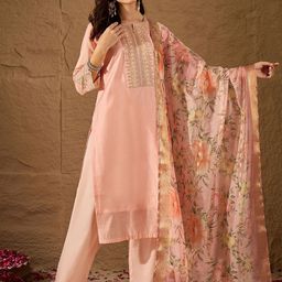 House of Pataudi Embroidered Round Neck Kurta Trouser Dupatta Set-52
