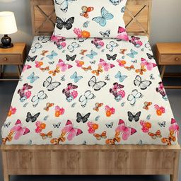 IVAZA Off White & Multicoloured Floral 220 TC Single Bedsheet with 1 Pillow Covers-image-86