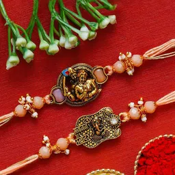 eCraftIndia Set of 2 Stones Studded And Beaded Radha Krishna & Ganesha Feather Rakhi-image-98
