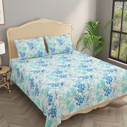 Gulaab Jaipur White & Blue Floral 400 TC King Bedsheet with 2 Pillow Covers-74