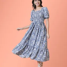 Jash Creation Floral Printed Smocked Detail Fit & Flare Midi Dress-picture-8
