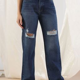 Mast & Harbour Women Classic Straight Fit High-Rise Slash Knee Light Fade Jeans-image-11