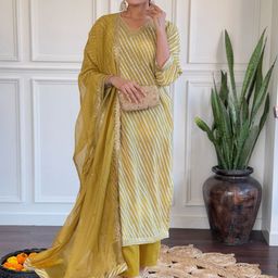 KALINI Striped V-Neck Chanderi Silk Straight Kurta With Trousers & Dupatta-27