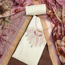 SAINOOR Floral Embellished Beaded Pure Silk Semi-Stitched Dress Material-image-99