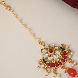 flying beads Women Gold-Plated Ethnic Brass Kundan Studded Maang Tikka Head Jewellery-image-60