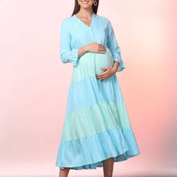 Aanyor Women Maternity V Neck Bell Sleeve Tiered Fit & Flare Maxi Dress-32