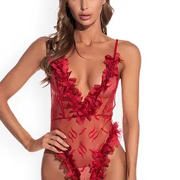 LULU & SKY Floral Applique-Detail Sheer Strappy Thong Bodysuit-picture-37